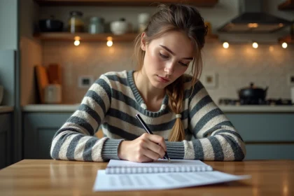 Jeune femme écrivant des conversions kilogrammes sur un carnet