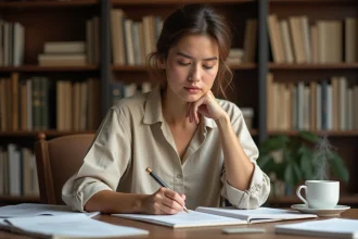 Femme concentrée écrivant dans un cahier à son bureau en bois, illustrant la réflexion sur les règles grammaticales du passé composé et de l'imparfait en français