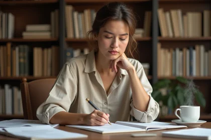 Femme concentrée écrivant dans un cahier à son bureau en bois, illustrant la réflexion sur les règles grammaticales du passé composé et de l'imparfait en français