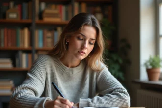 Femme écrivant dans un cahier avec un stylo, entourée de dictionnaires de grammaire française, illustrant la question orthographique aller-retour