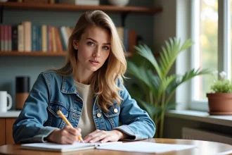Jeune femme écrivant dans un carnet dans une cuisine lumineuse