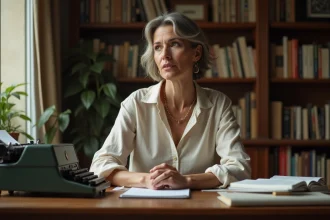 Portrait d'une femme élégante dans un bureau parisien intime entouré de livres d'art, évoquant la vie privée et la personnalité d'une artiste accomplie