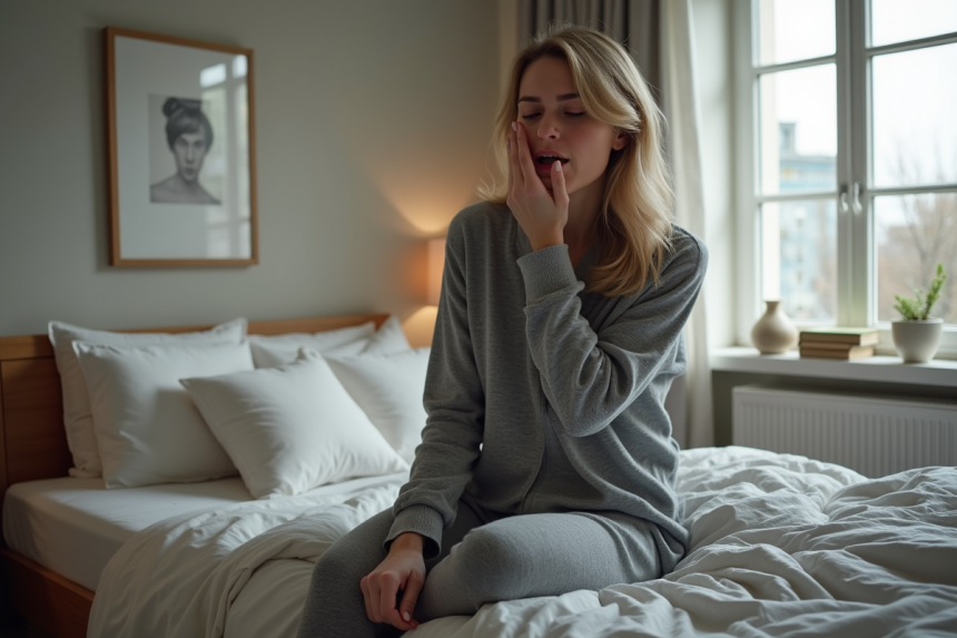 Femme fatiguée assise sur le lit dans une chambre cosy