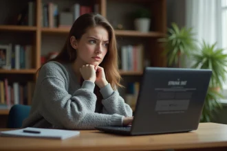 Jeune femme frustrée devant un écran de connexion à une plateforme de streaming sans inscription