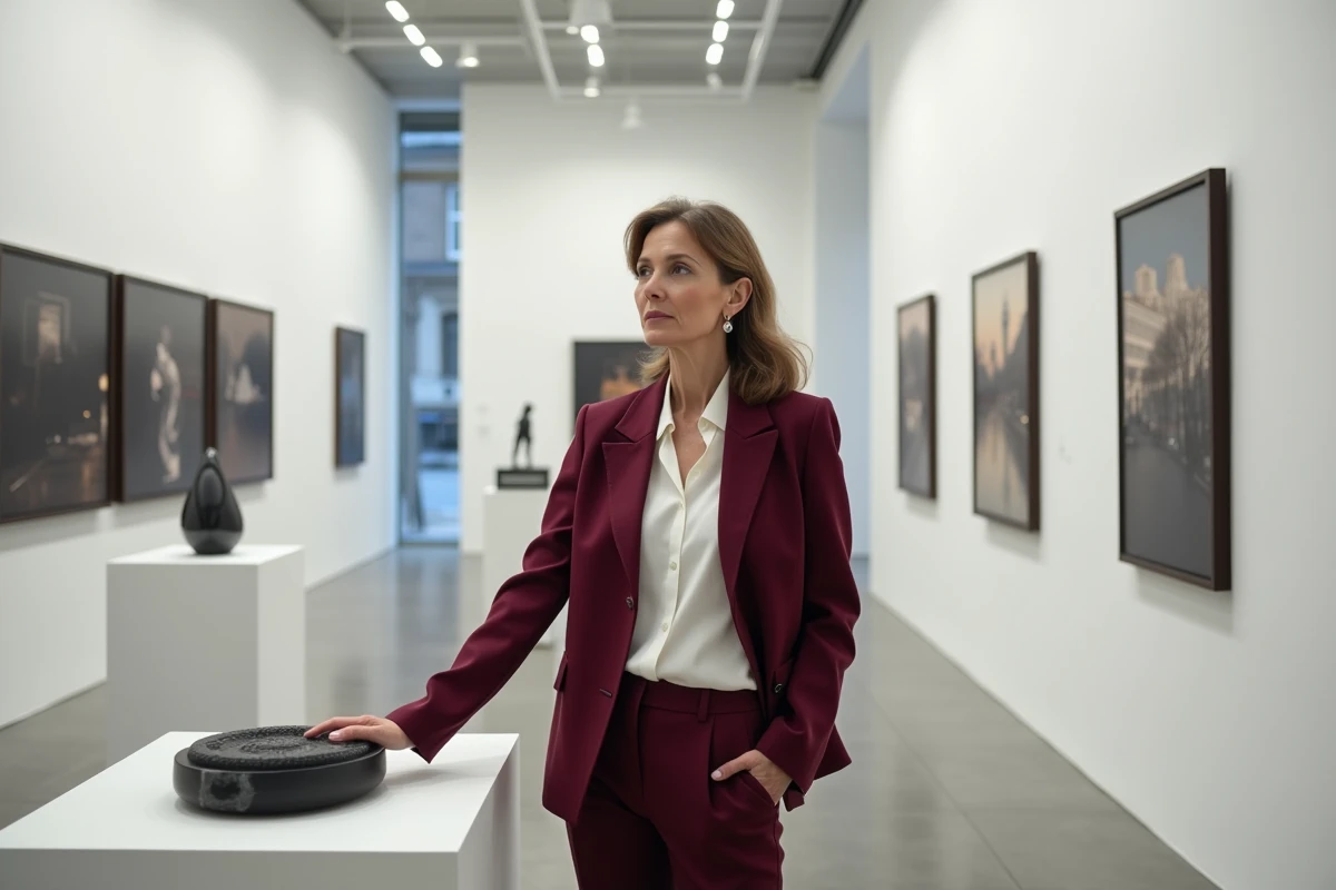 Femme contemplant des œuvres d'art dans une galerie parisienne contemporaine, symbole d'une personnalité artistique engagée et d'une vie culturelle riche