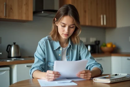 Jeune femme à la maison gère ses factures et notes