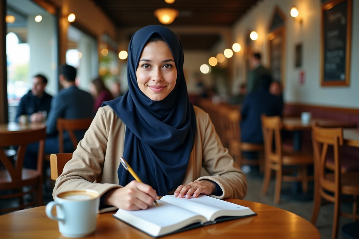 Femme musulmane notant les horaires de prière dans un carnet dans un café de Nantes