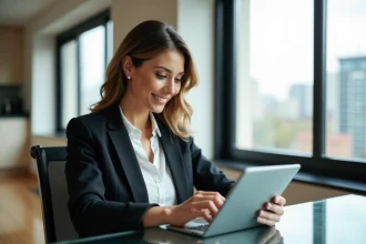 Femme confiante en immobilier avec tablette dans un appartement lumineux
