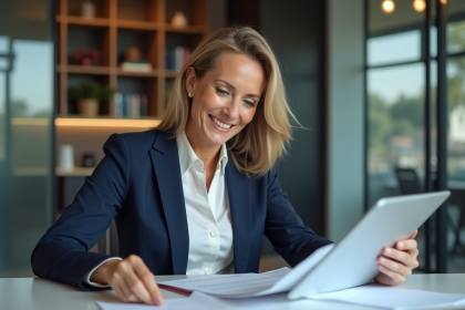 Femme professionnelle en blazer bleu examinant des documents immobiliers