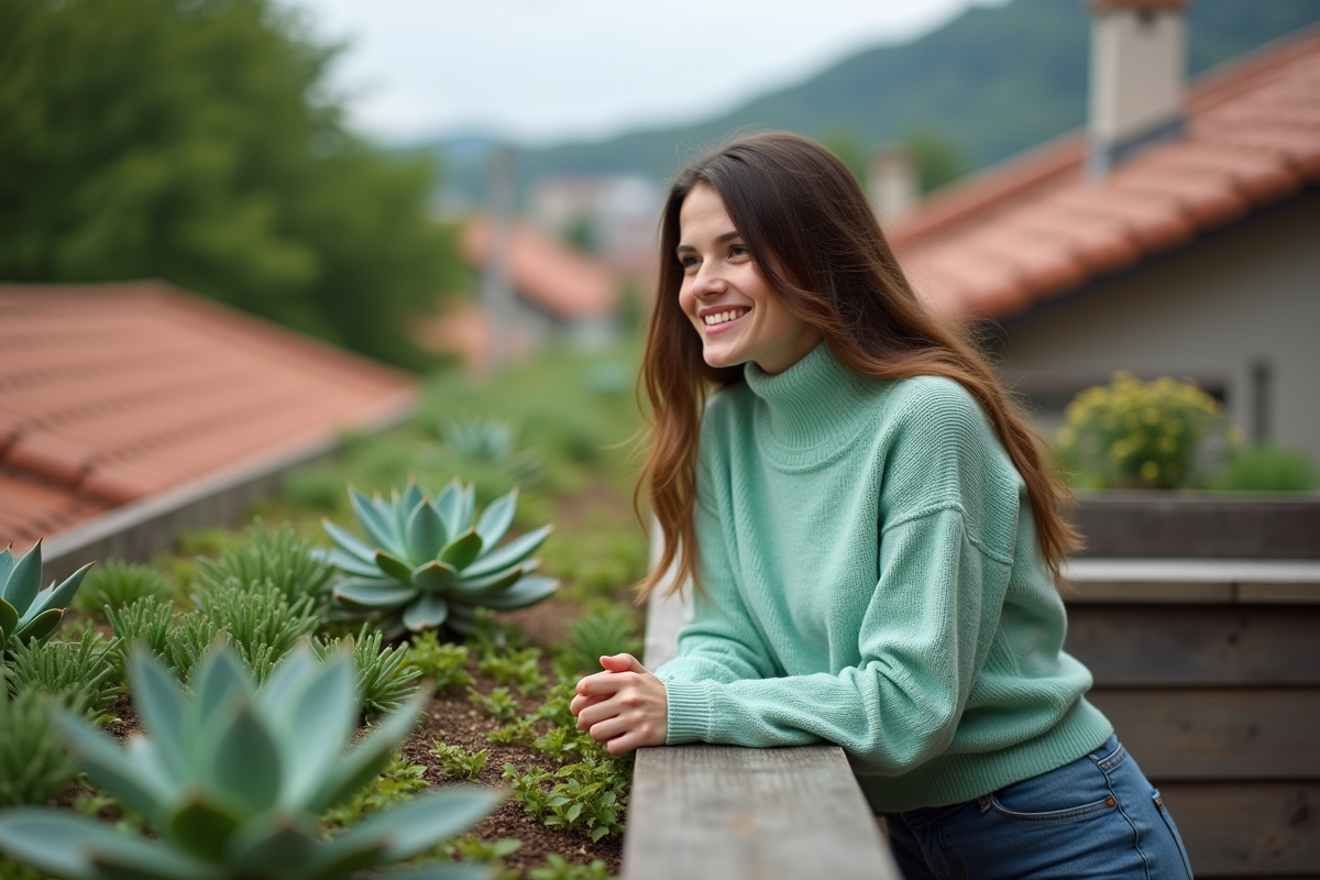 Jeune femme regardant son jardin de toit végétal