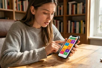 Jeune femme jouant à un jeu de puzzle de mots sur smartphone, cherchant la solution en 7 lettres du jeu 4 Images 1 Mot