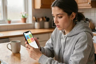 Femme jouant à 4 Images 1 Mot sur smartphone avec une expression concentrée, à table dans une cuisine chaleureuse