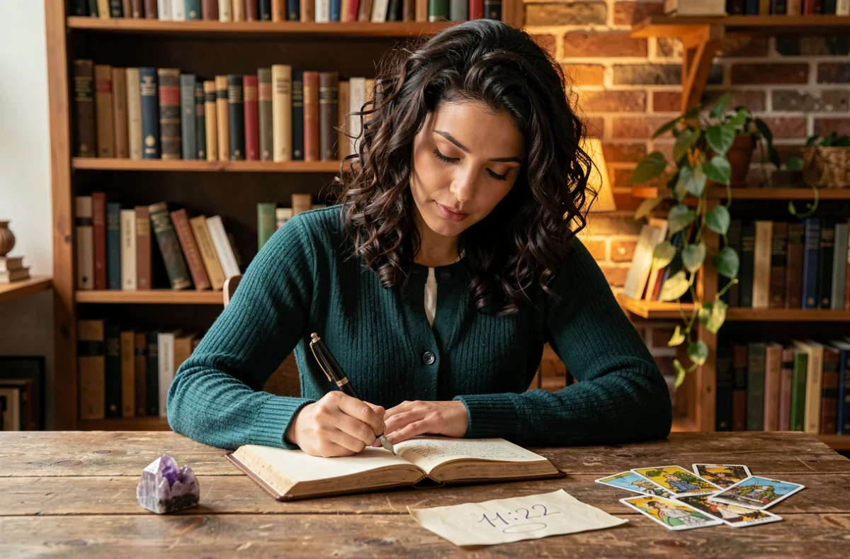 Femme écrivant dans un journal spirituel avec des cartes de tarot et le chiffre 11h22 sur son bureau, illustrant la numérologie et la mission d'âme
