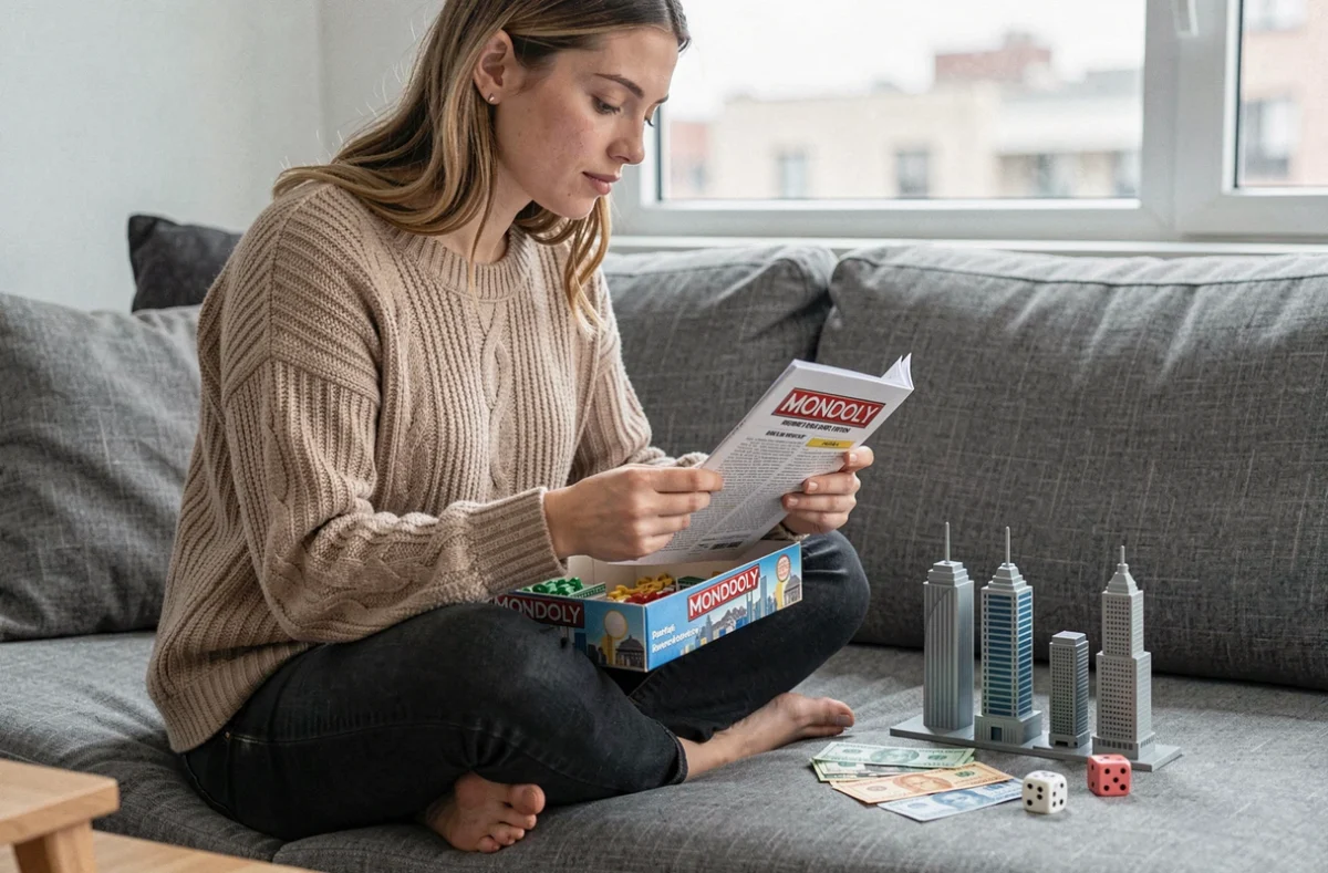 Jeune femme lisant le règlement d'une édition Monopoly ville avant de choisir sa version préférée