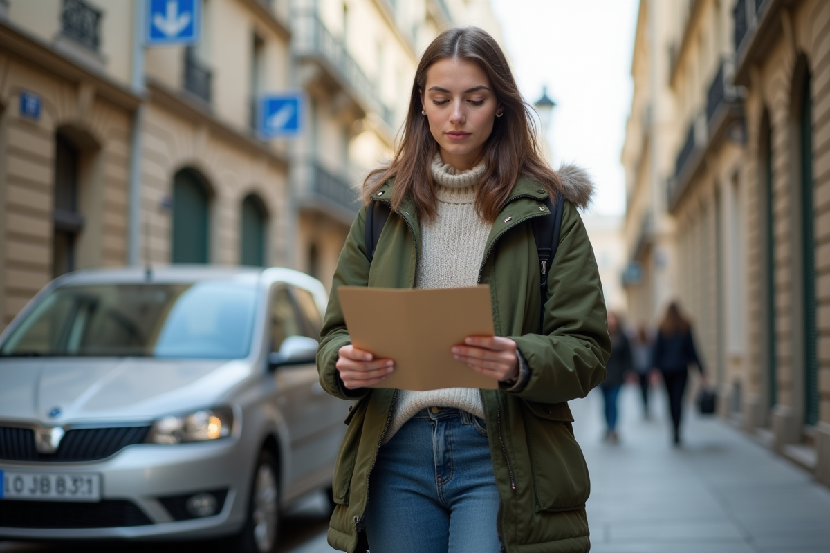 Jeune femme lisant une lettre sur une rue parisienne