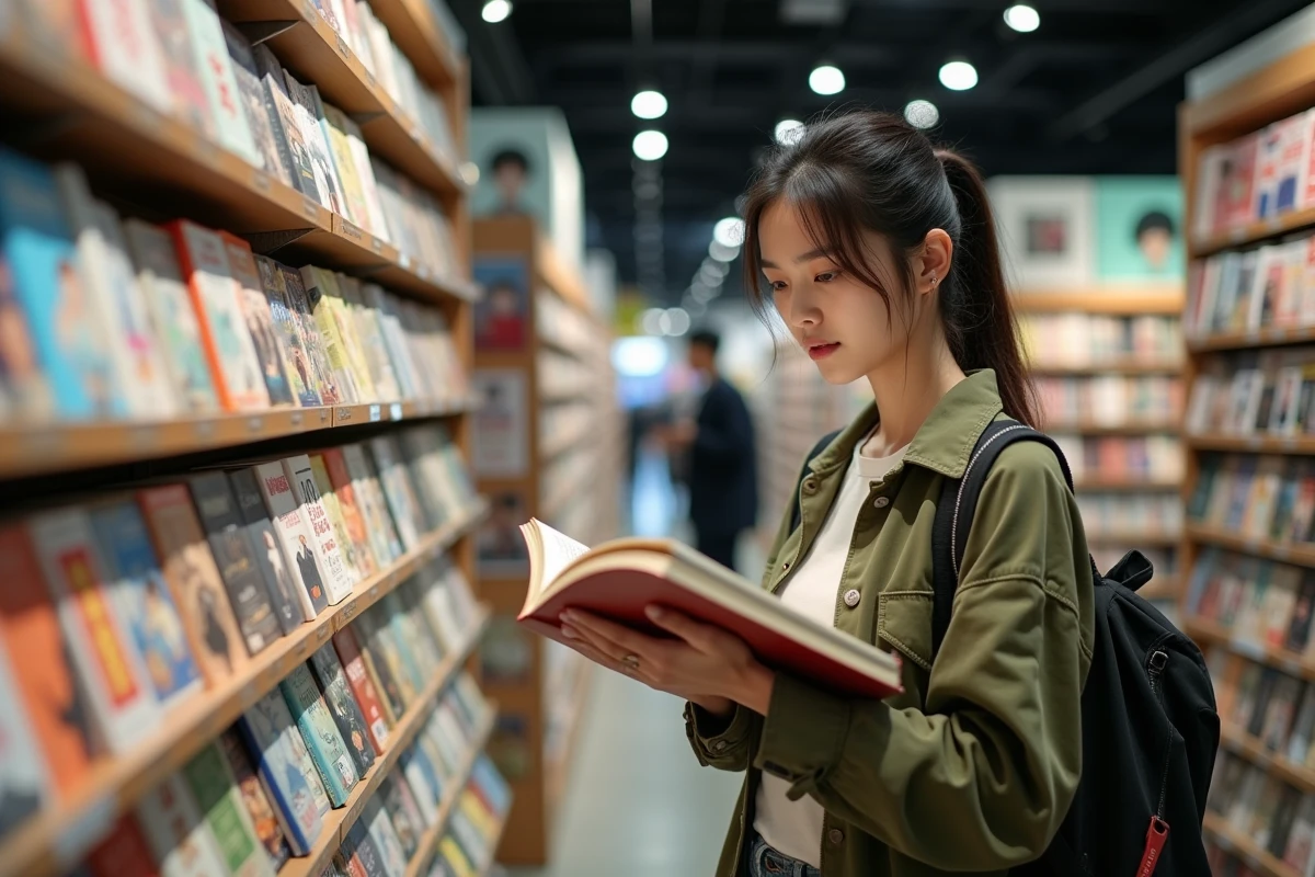 Jeune femme feuilletant des volumes de manga dans une librairie moderne, rayonnages remplis de tomes et de séries de lecture