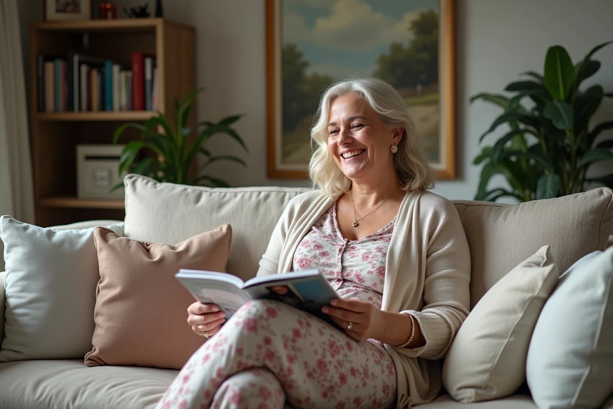 Femme de 60 ans lit un magazine dans son salon