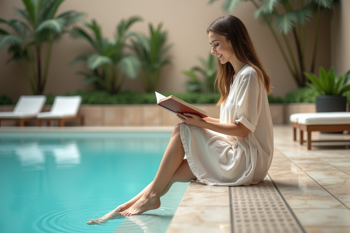 Jeune femme lisant au bord de la piscine intérieure