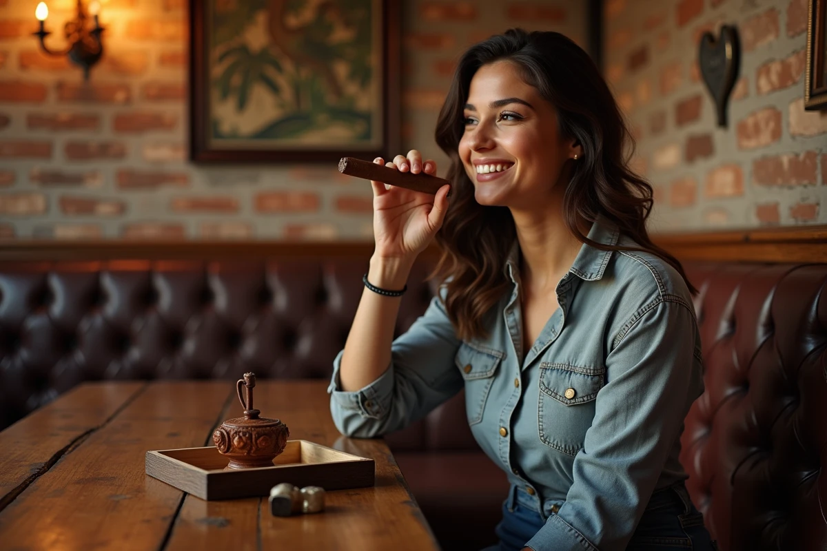 Jeune femme avec cigare dans salon artisanale