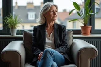Femme mature en blazer assise dans un salon moderne