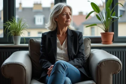 Femme mature en blazer assise dans un salon moderne