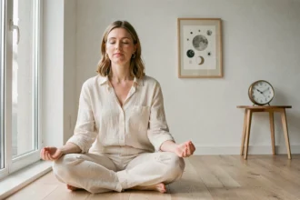 Femme en méditation dans un intérieur minimaliste avec une horloge indiquant 11h22, évoquant la mission d'âme et la numérologie spirituelle