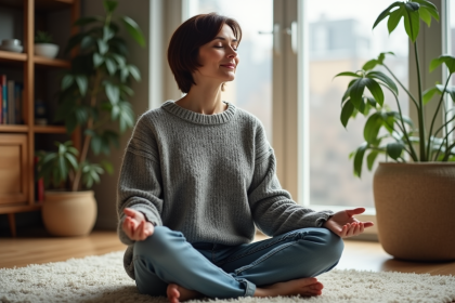Femme méditant dans un salon cosy avec plantes et livres