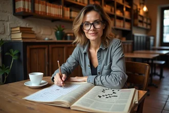 Femme résolvant une grille de mots croisés avec des livres italiens dans un café vintage
