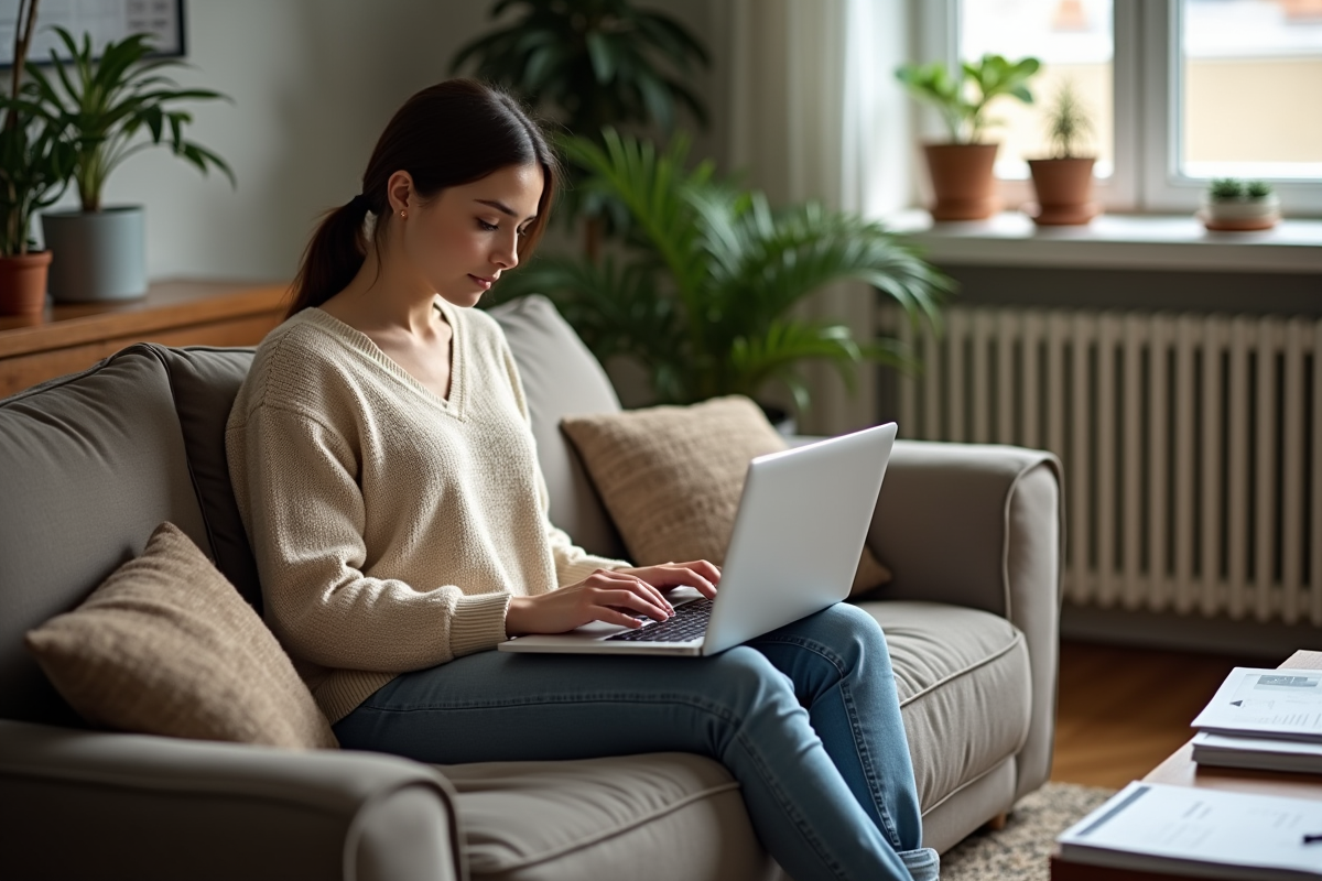 Jeune femme travaillant sur un ordinateur portable dans un salon cosy