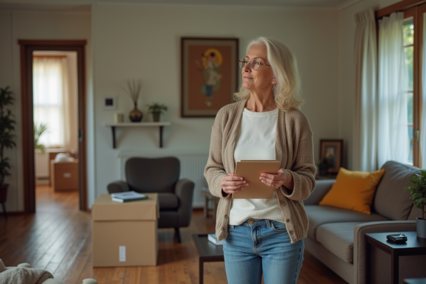 Femme organisée avec un carnet dans un salon en cours de tri