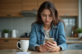 Jeune femme pensant à son smartphone dans la cuisine