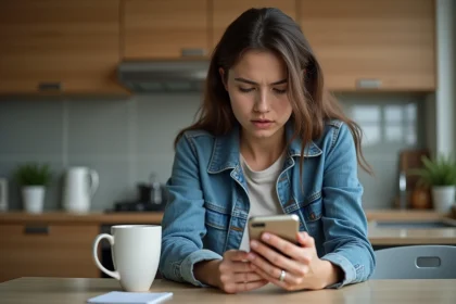 Jeune femme pensant à son smartphone dans la cuisine