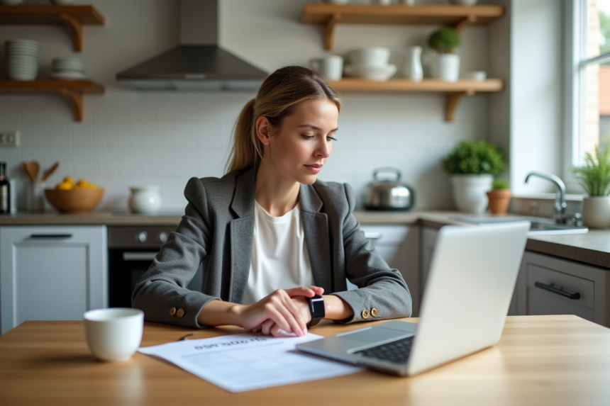 Femme en cuisine vérifiant ses documents de prêt immobilier