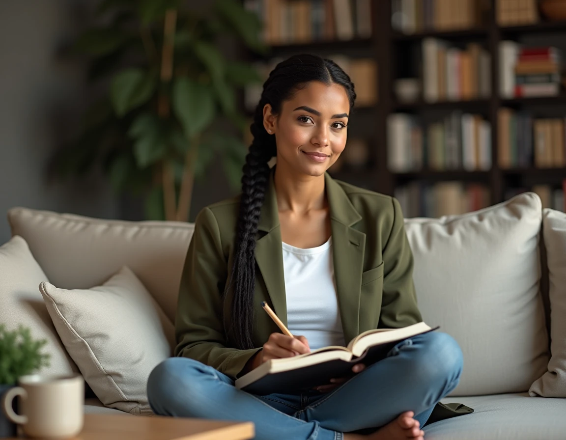 Femme réfléchissant à ses sentiments en écrivant dans un journal intime, signe d'une femme prête à s'investir en amour