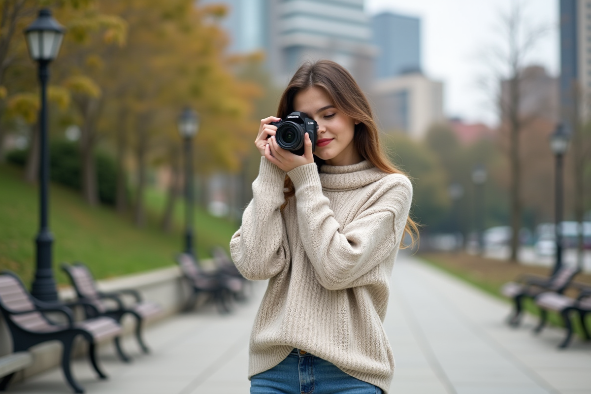 Jeune femme prenant une photo dans un parc urbain