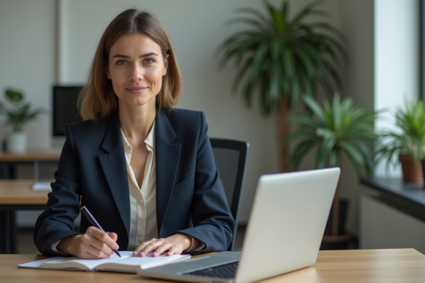 Femme d affaires en bureau moderne avec ordinateur et plantes