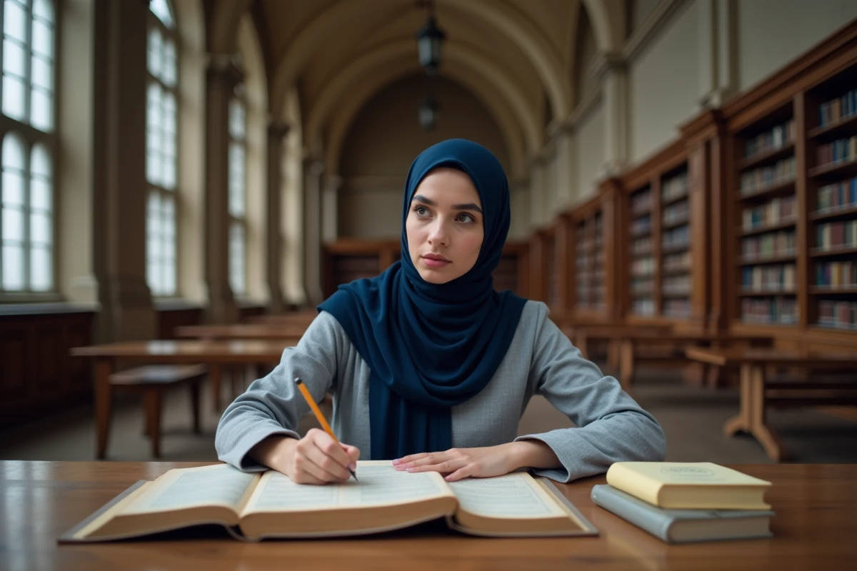 Jeune femme consultant des livres islamiques sur les sourates du Coran dans une bibliothèque universitaire