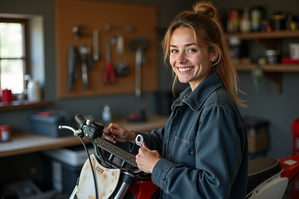 Femme ajustant une dirtbike dans un atelier organisé