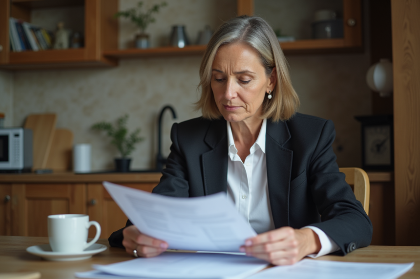 Femme d'âge moyen examinant des documents de retraite à la maison