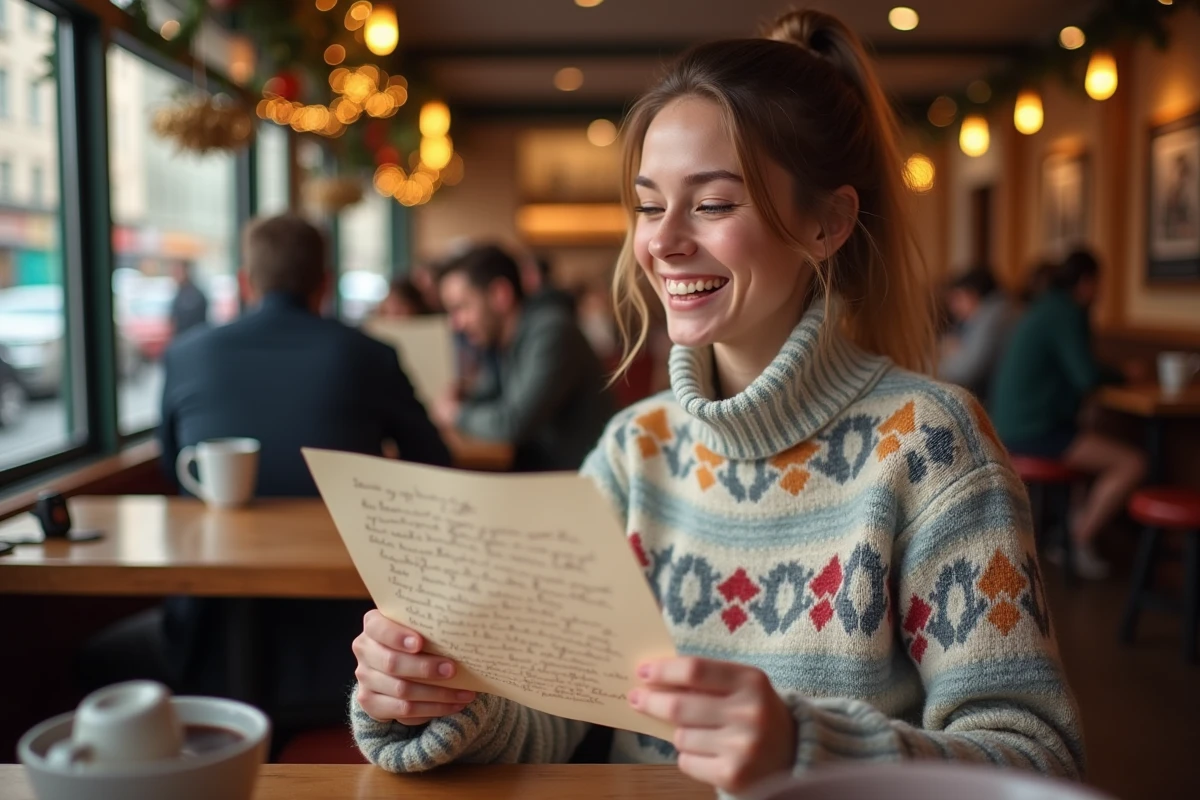 Jeune femme riant en lisant un poème dans un café