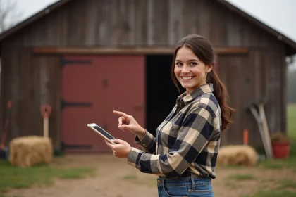 Femme souriante pointant un panneau de stockage à la ferme