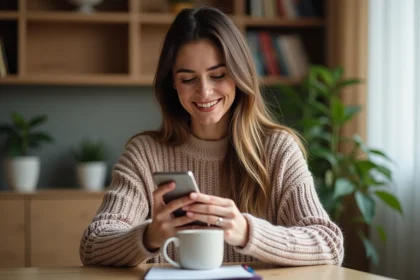 Femme souriante en sweater cosy utilisant son smartphone