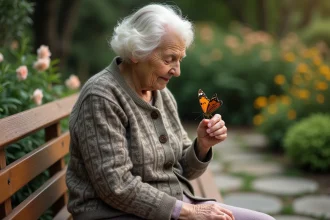Femme âgée avec papillon sur la main dans un jardin
