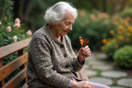 Femme âgée avec papillon sur la main dans un jardin