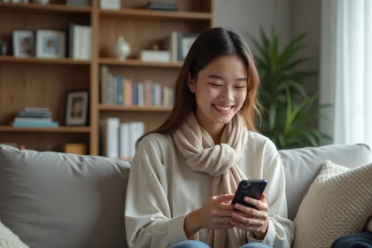 Jeune femme souriante utilisant son smartphone dans un salon chaleureux