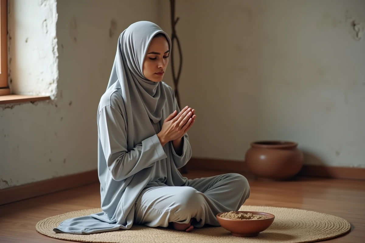 Femme pratiquant le tayammum avec de la terre sèche sur un tapis de prière dans un intérieur sobre