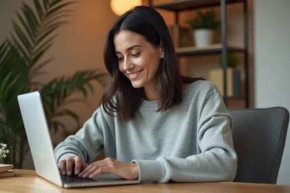 Femme utilisant le tchat Chérie FM sur un ordinateur portable posé sur un bureau en bois dans un bureau à domicile moderne