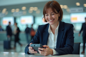 Femme d'âge moyen avec traducteur électronique à l'aéroport