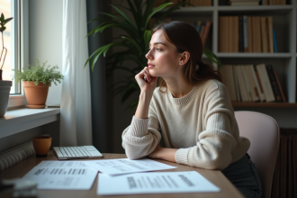 Femme réfléchissant dans son bureau à domicile