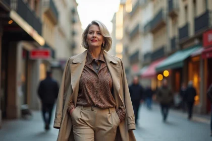 Femme élégante de 60 ans marche dans la ville